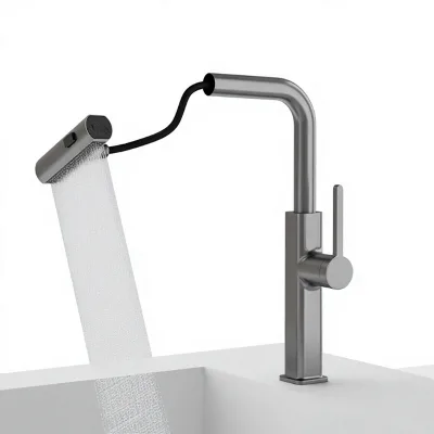 Rainfall Waterfall Pull-Out Kitchen Faucet Single Ceramic Dual-Function Hot/Cold Water Retractable Anti-Splash Sink Faucet