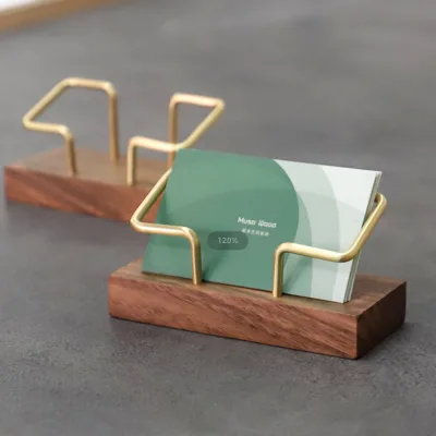 Office Tabletop Luxury Walnut Wood Business Card Display Organizer Brass Business Card Holder Stand for Desk