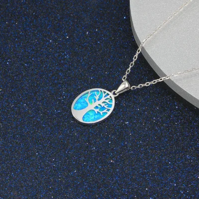 Exquisite 925 Sterling Silver Tree of Life Necklace Blue Opal Pendant Family Tree Jewelry Birthday Gift Women