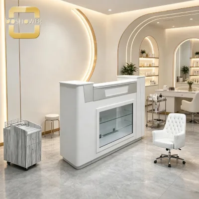 Curved White Salon Reception Desk with Marble Countertop and Transparent Glass Display Cabinet for Modern Beauty Spa