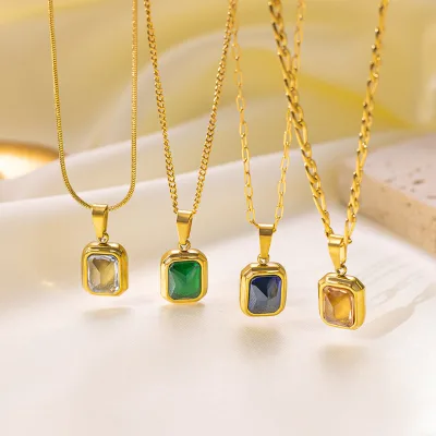 Fashion square Women Gemstone Pendant Necklace Jewelry Emerald Gemstone Necklace Colorful Pendant Vintage Retro Necklace Gifts