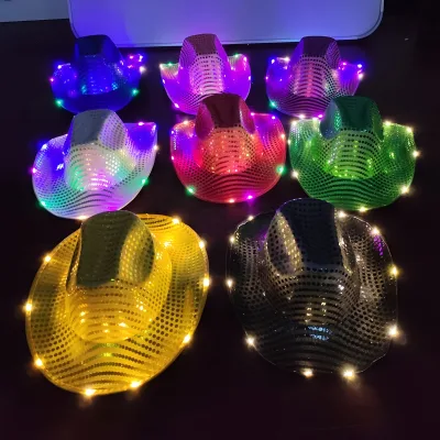 Lights Cowboy Cowgirl LED Caps Sparkly Glitter LED Cowboy Light Hats for Party Disco Cowgirl Hat
