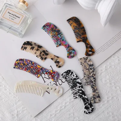 ARCHER Vintage Marbled Cellulose Acetate Hair Comb Hollow Hole Handle Anti-Static Wide Tooth Comb for Women Daily Hair Care