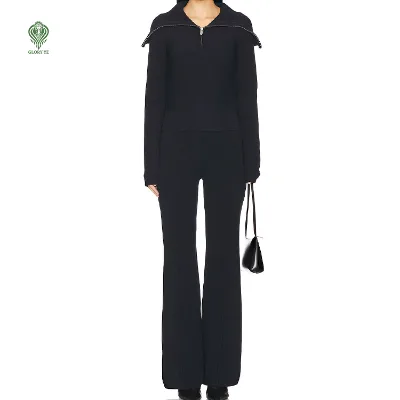 Wholesale Custom logo Oem & Odm Long Sleeve High Neck Quarter Zip Plain Knitted Organic Cotton Women's Knit Flare Leg Set