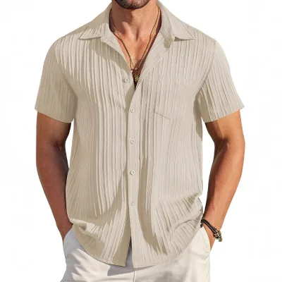2026 Fashion Men's Summer Fashion Striped Color Block Business Slim Fit Casual Shirt Short Sleeve Shirt