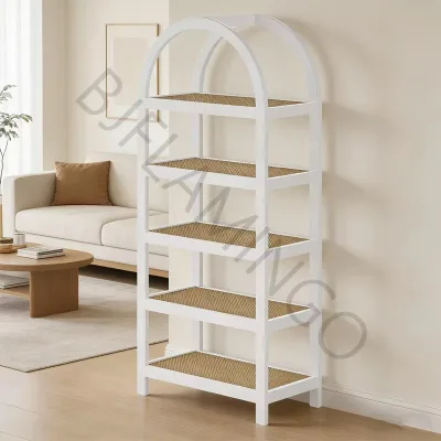 New White Wood Bookcase with Arched Framing and Back Bar Shelf Storage Shelves by Bjflamingo
