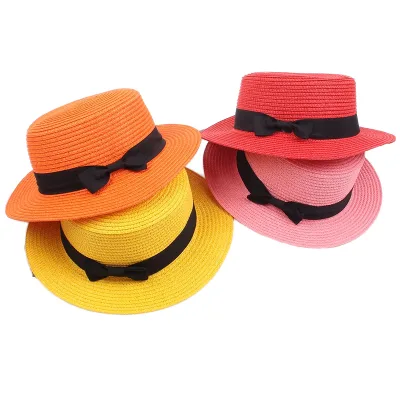 Summer Wide Brim Casual Beach Breathable Retro Top Sun Paper Straw Hat with Flat Bowknot and Ribbon for Women