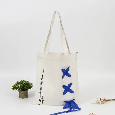 New Stylish Shopping Tote Canvas Bag Custom-made Metal Buckles Zipper Blue Crossed-out Design; Student-style Jute-cord Cotton 43