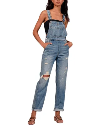 Top Selling Ripped High Rise Straight Jumpsuits Women Denim Distressed Overalls