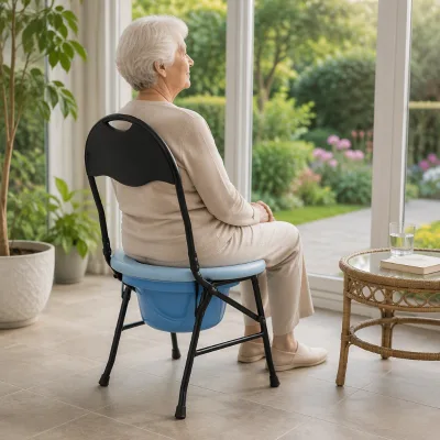 Wholesale Folding Commode Chair Blue Bucket With Cover Handle Black Steel Frame 6 PCS CTN Home Care
