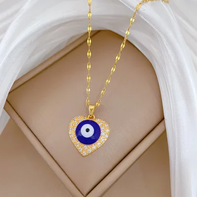 18K Gold Plated Devil Eye Necklace Jewelry Stainless Steel Cubic Zirconia CZ Heart-Shape Evil Eyes Pendant Necklace for Women