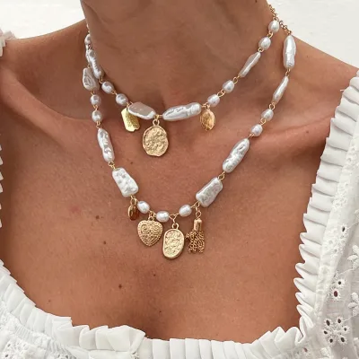 Trendy Double Layered Collarbone Necklace Imitation Pearl Baroque Irregular Heart Pendant Gold Plated Chains Women's Fashion