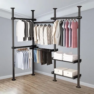 Metal Clothing Rack Heavy Duty Telescopic Industrial Pipe Standing Portable Metal Hanging Clothes Rack