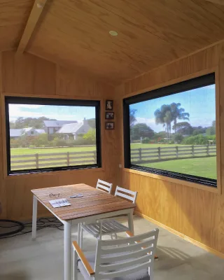 UV-Protective Electric Zip Track Blinds with Waterproof and Windproof Fabric and Smart Remote Control for Outdoor Living Spaces
