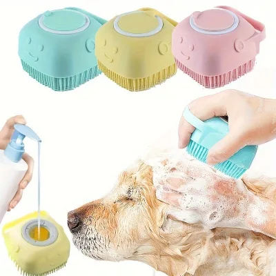 Cat and Dog Pet Bath Shower Grooming Cleaning TPR Massage Brush Silicon Bath Scrubber Comb with Soap Dispenser for Bathroom Use