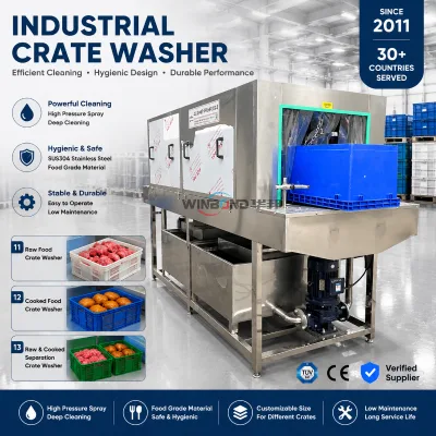 Meat Poultry Cooked Food Crate Cleaning Machine SUS304 Tunnel Type 3-Stage Wash Rinse Dry HACCP