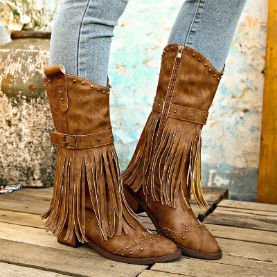 Women's Fashion Western Cowgirl Cowboy Boots Wide Pointed Toe Mid Calf Womens PU Leather Tassel Boots