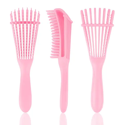 Compact Plastic Handle Hair Comb with Non-Slip Rubber Brush Cushion Paddle and Scalp Massage Features for Curly Hair