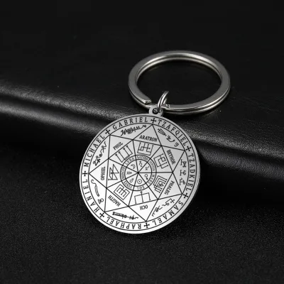 HOT Seven Archangels Seal Keychain Kabbalah Magic Symbol Stainless Steel Engraved Round Pendant Vintage Occult