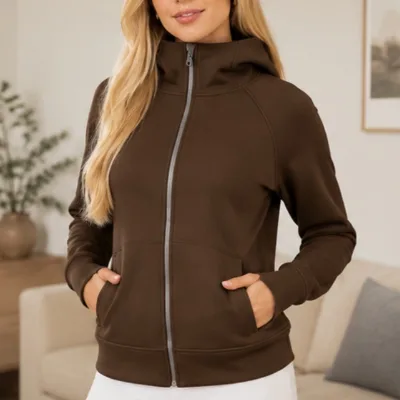 Custom Women's Brown Full Zip Fleece Hoodie Warm Hooded Sweatshirt Casual Winter Clothes for Women Zip up Hoodies Thermal Jacket