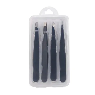 Factory Sell 4 Pcs Set Black Pink Eyebrow Tweezers Slanted Tip Flat Tip Makeup Eyebrow Tweezers