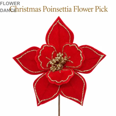Wholesale Christmas Tree Wreath Decor Multi Color Velvet Glitter Line Artificial Poinsettia Flower Pick