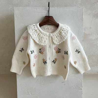 Popular Girls' Fine Cardigan Sweater, Girls' Hand Embroidered Autumn Knitted Top Sweater, 1-6 Years Old Sweater
