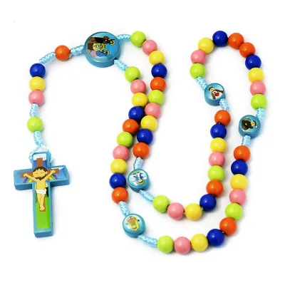 Children Prayer Rosary 8mm Acrylic Beads Wooden Crucifix Pendant Knotted Handmade Catholic Rosary for Kids