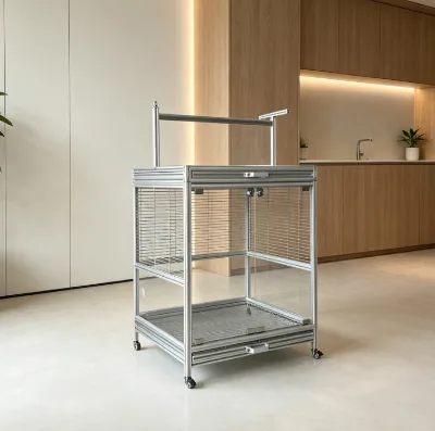 2020 Aluminum Profile Parrot Cage Clear Tempered Glass Bird Cage With Detachable Bottom Tray for Daily Cleaning