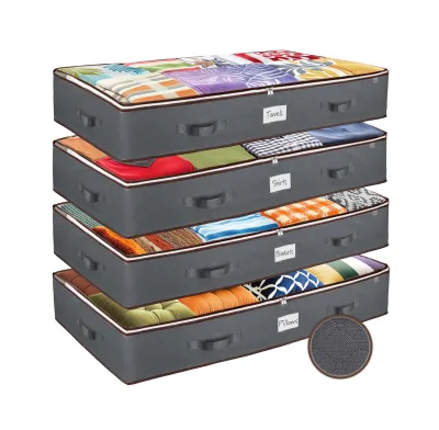 4pcs Foldable Clothing Organizer Storage Containers for Clothes Blankets Shoes-Underbed Use Handles Dual Zippers Clear Top