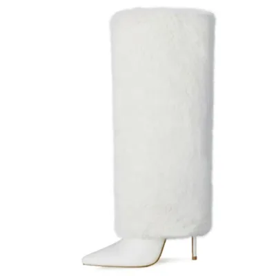 Winter Hot Fur Boots Women's Short Snow Boots Black White Stiletto Slip on Heels Shoes Booty Big Size 43 2022