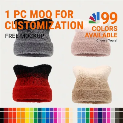 Cute Cat Ears Gradient Color Woolen Knitted Hat Female Autumn Winter Warm All-Matching Make Face Smaller Sleeve Cap