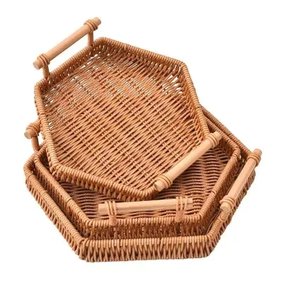 PP Rattan-style Woven Tray, Rattan Woven Nut Tray, Snack and Dessert Basket, Round-handled Tray