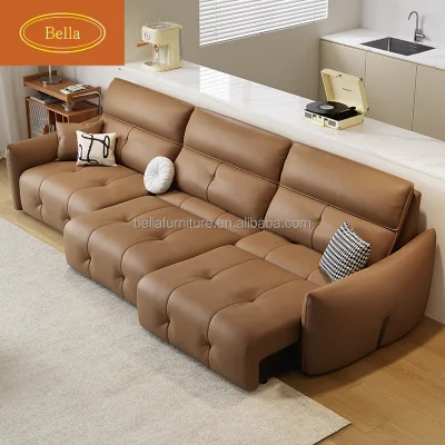 Electric function leather sofa bed, modern and simple living room dual-purpose, can automatically extend and retract