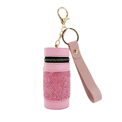 New Designer Pu Leather Rhinestone Mini Cylinder Exquisite Makeup Lipstick Holder Storage Bag Trendy Coin Purse for Bag