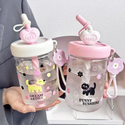 750ml Portable Plastic Bottle with Straw Two Piece Set Leak-Proof Cartoon for Students Kids Daily Drinking