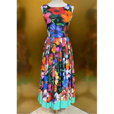 XXL Party Vintage Dress 2026 Autumn Style Women Elegant Floral Print Sleeveless Mid-Calf Length Cotton Dress Special Occasion