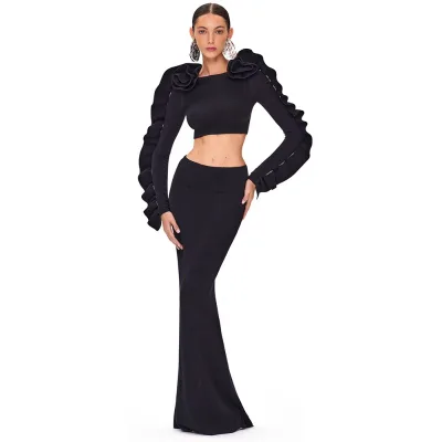 Women Celebrity Sexy Two Piece Set Black Flower Long Sleeve Crop Top&Tight Long Skirt Bandage Elegant Evening Party Dress Sets