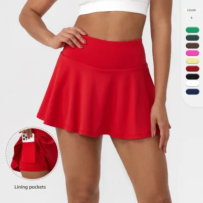Womens Sporty Beaded Polyester Sports Tennis Skirt Summer High-Waisted Quick-Dry Running Fitness Yoga Anti-Exposure Fake