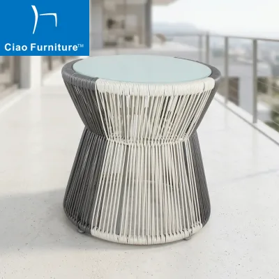 Nordic Outdoor Hotel Balcony Round Shape Frosted Glass Top Colorful PE Rattan Weaving Garden Small Coffee Side Table