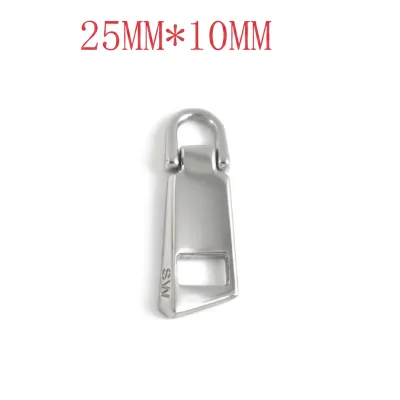 Minimalist Polished Silver Metal Zipper Puller with Custom Engraved Brand Logo on Side Edge for Bags and Jackets