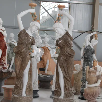 Garden Marble Lamp Factory Direct Supply Hand Carved White Marble Statue Girl Stone Lamp for Sale