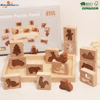 High Quality Montessori Custom Kids 3D Animal Transportation Plant Shape Matching Blocks Wooden Puzzle Panel Toy for Children