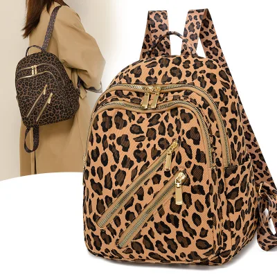 2025 Spring New Leopard Print Backpack Women's Small Travel Style Bag Lightweight Oxford Material with Zipper Closure Trendy