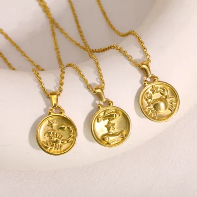 Vintage 3D Double Sided Zodiac Medallion Necklace 18K Gold Plated Titanium Steel Round Pendant Charm Necklace