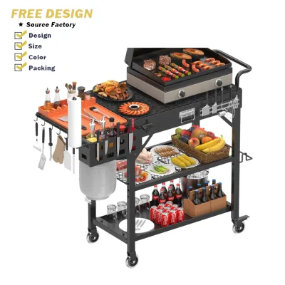 Multi-functional Charcoal BBQ Cart Kitchen Outdoor Practical Storage Rack Iron Metal Adjustable Rolling Portable Movable