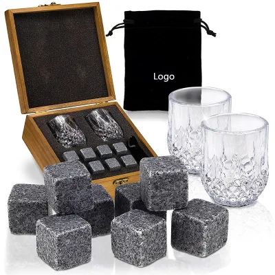 Natural Whiskey Stones Gift Set 8 Granite Chiller Whisky Rocks with Bag and Crystal Glasses in Wooden Box