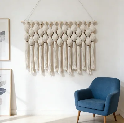 Minimalist Modern Woven Decor Ivory Braided Ball Macrame Wall Hanging for Contemporary Living Spaces