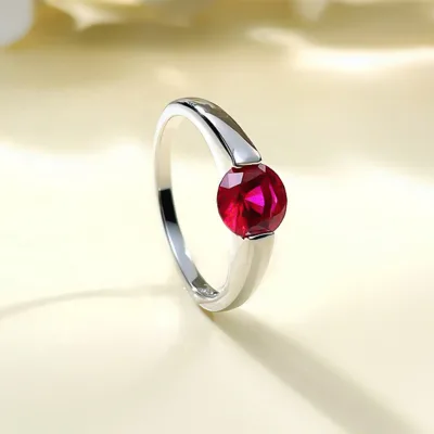 Classic Rings Round Cut Ruby Sapphire Rhodium Plated 925 Sterling Silver Engagement Wedding Ring