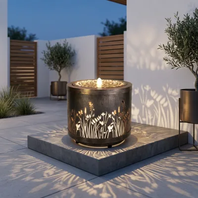 Round Cylindrical Metal Water Fountain, Laser Cut Wildflower & Grass Pattern LED Lighted Water Feature